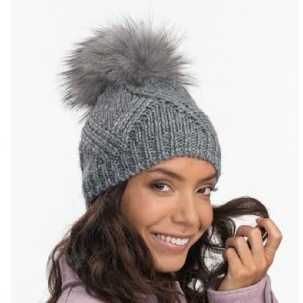 Kyi Kyi Cable Knit Fleece Lined Beanie with Faux Fur Pom
